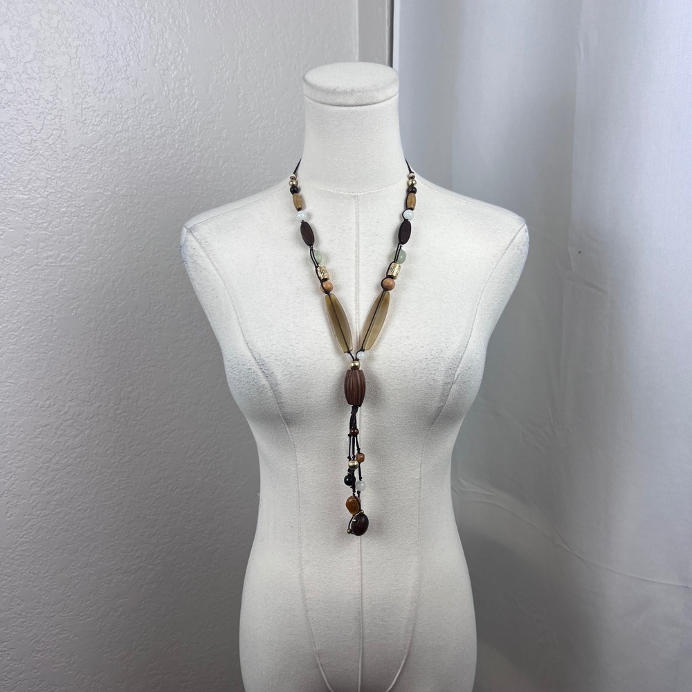 Y2K Long Beaded Necklace Womens OS Brown Wood Resin Boho Western Festival Retro